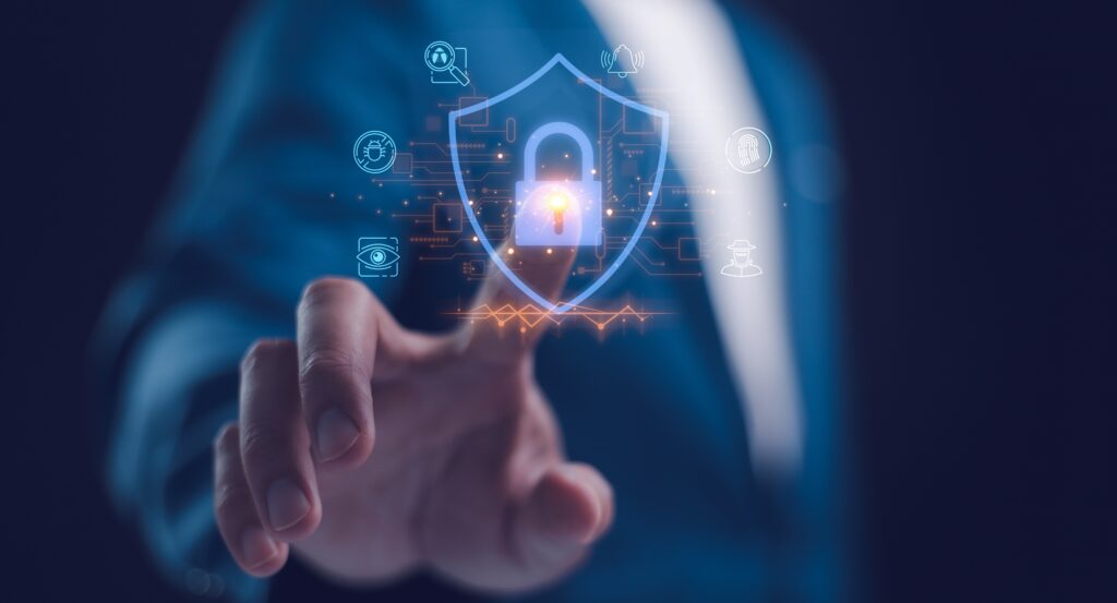 Hand reaching toward a digital lock icon, symbolizing cybersecurity protection for sensitive 401k plan data and personal records.