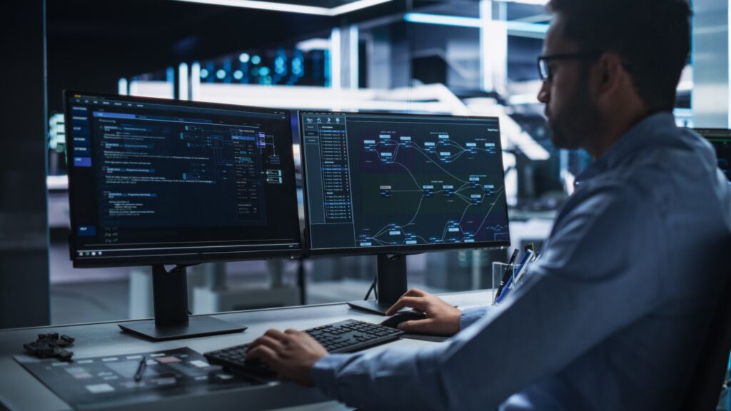 IT professional reviews data flow maps to prepare for updated SEC cybersecurity compliance audits.