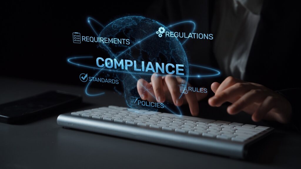 SOC 2 compliance standards graphic with rules, policies, and requirements over a keyboard.
