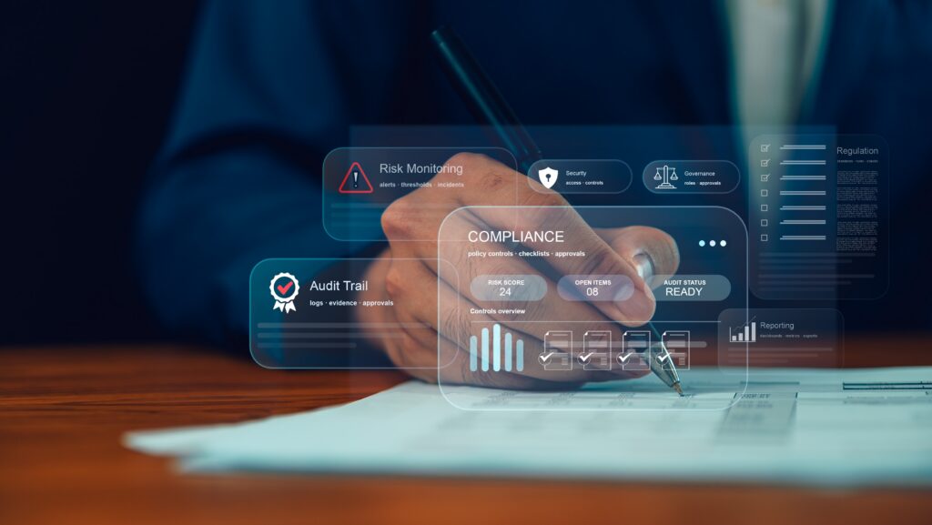 Hand signing a document with digital compliance, risk monitoring, and SEC Rule 17a4 requirements overlays.